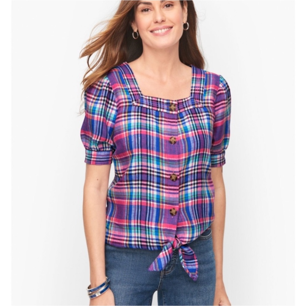 Talbots popsicle plaid linen waist tie square neck blouse